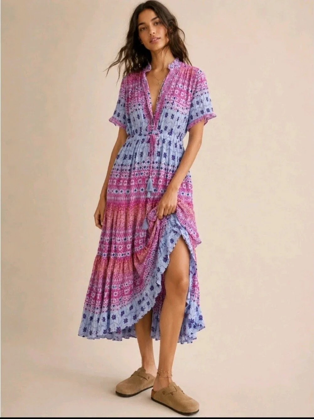 FREE PEOPLE Rare Feelings Prairie Maxi Dress Women's XS Ruffle Pleated Boho